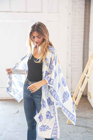 Blue Rayon Bartik Border Elbow Length Kimono