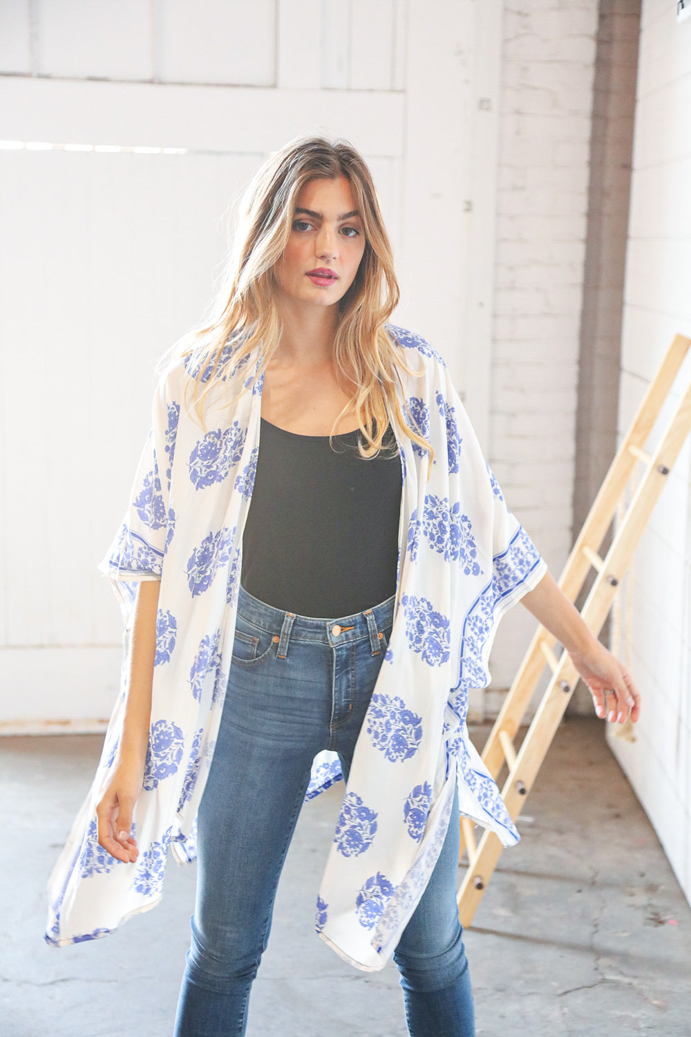 Blue Rayon Bartik Border Elbow Length Kimono