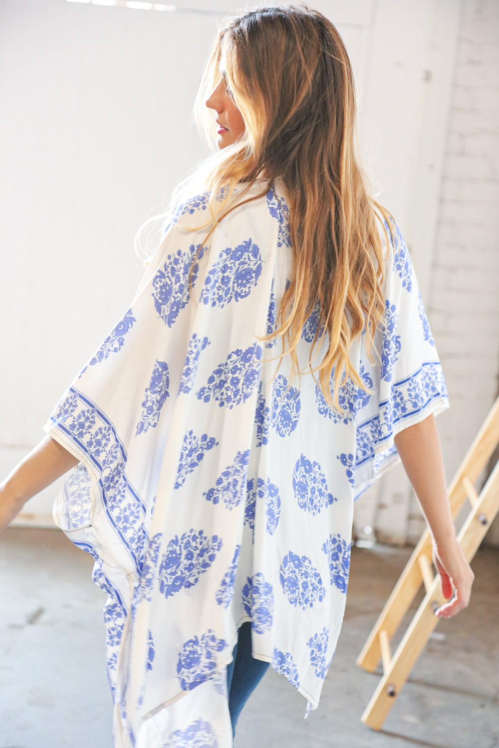 Blue Rayon Bartik Border Elbow Length Kimono