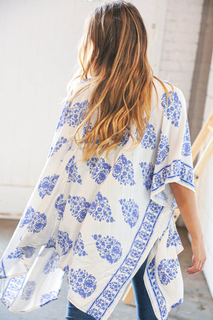 Blue Rayon Bartik Border Elbow Length Kimono