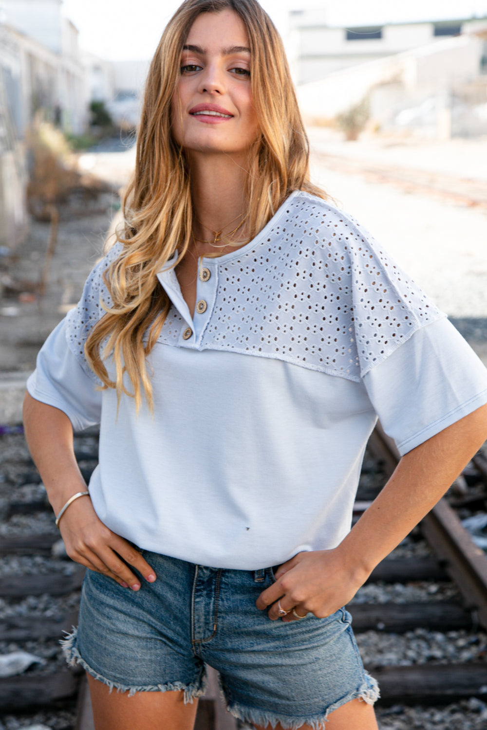 Soft Blue Eyelet Yoke Terry Knit Button Down Top