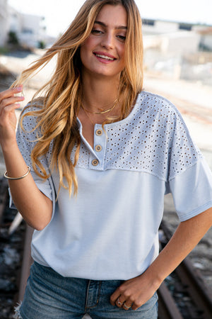 Soft Blue Eyelet Yoke Terry Knit Button Down Top