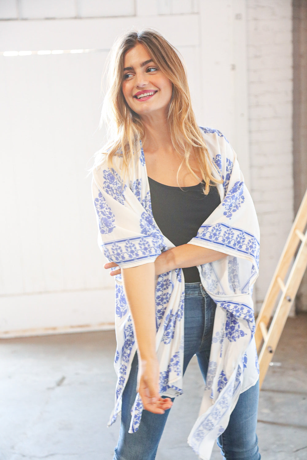 Blue Rayon Bartik Border Elbow Length Kimono