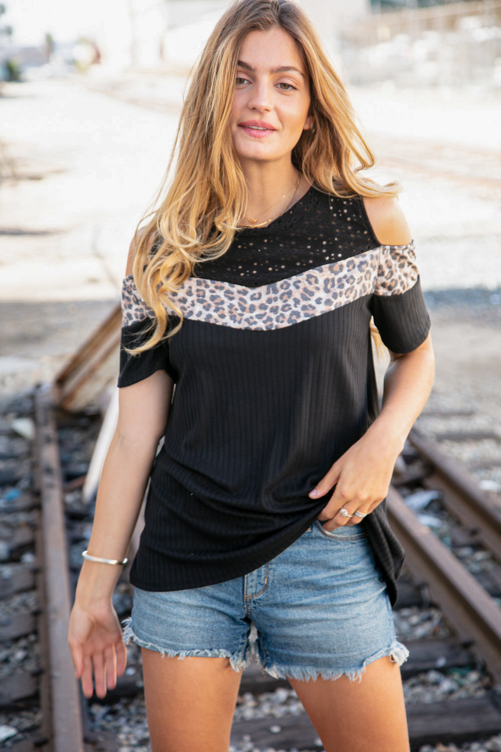 Midnight Chevron Eyelet Leopard Color Block Top