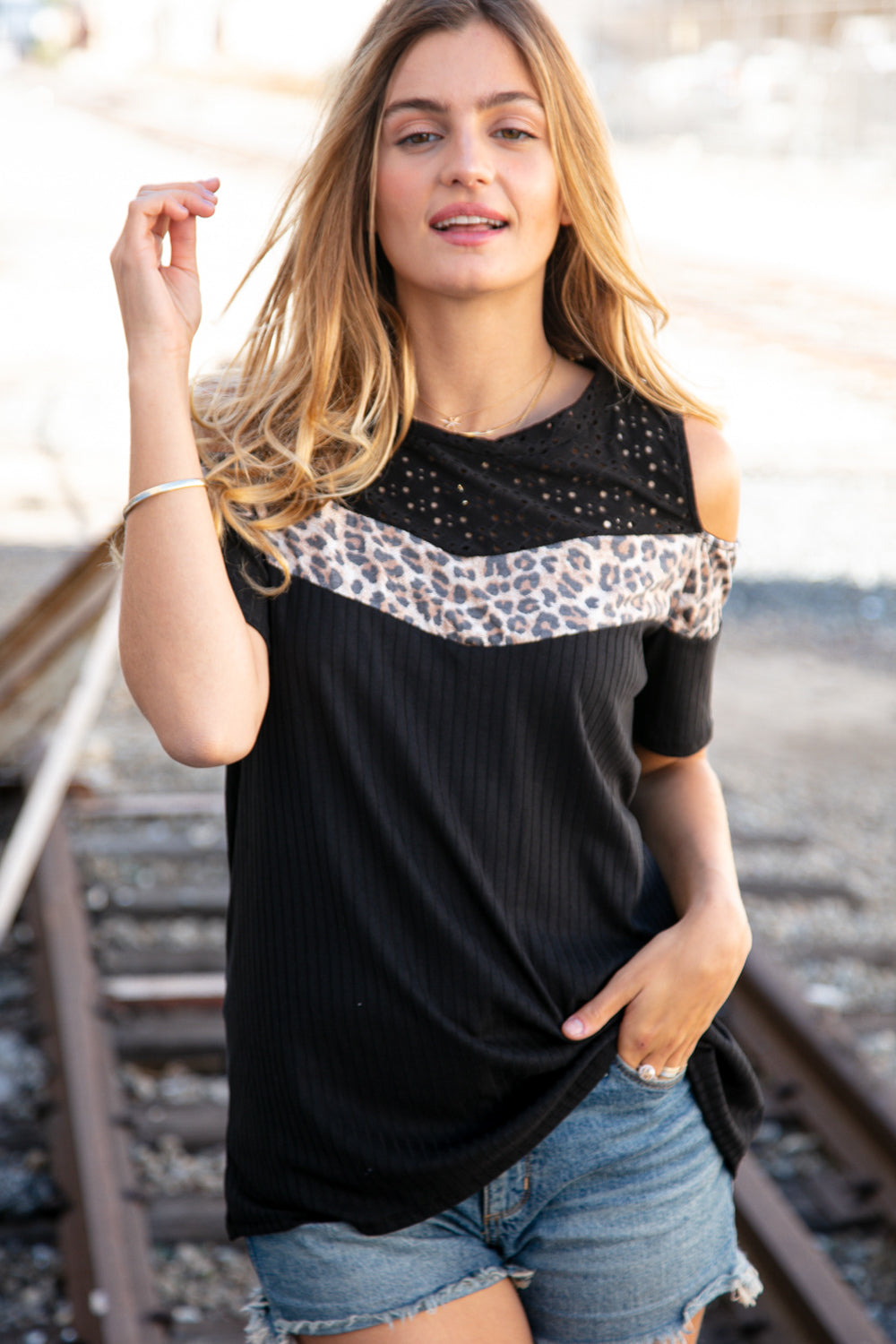 Midnight Chevron Eyelet Leopard Color Block Top