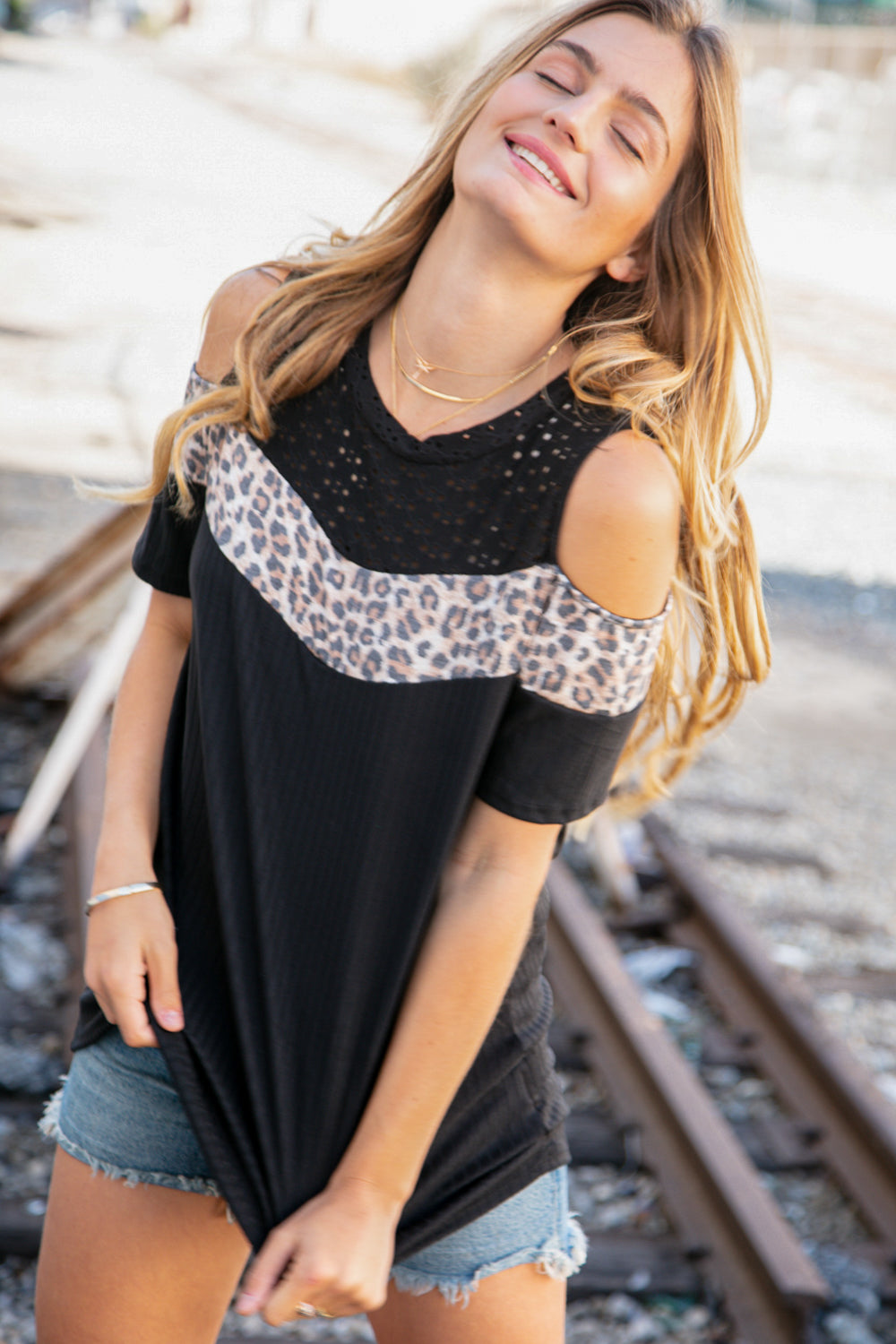 Midnight Chevron Eyelet Leopard Color Block Top