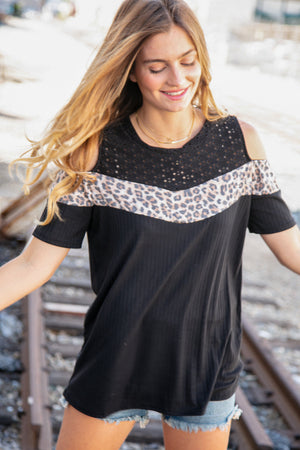 Midnight Chevron Eyelet Leopard Color Block Top