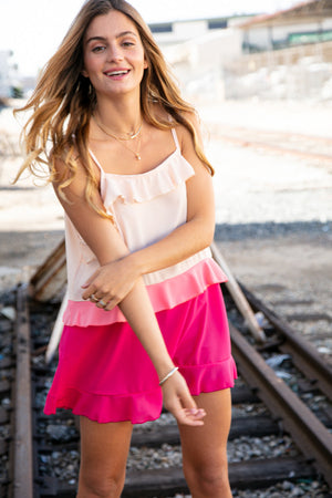 Peach/Fuchsia Ruffle Tiered Sleeveless Crepe Tank Top