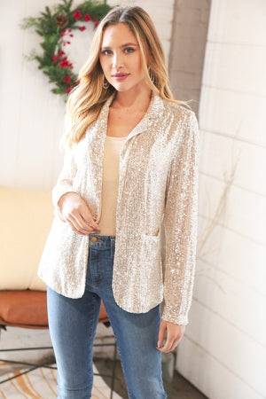 Champagne Sequin Lapel Collar Front Pocket Holiday Jacket