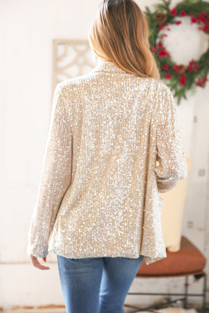 Champagne Sequin Lapel Collar Front Pocket Holiday Jacket