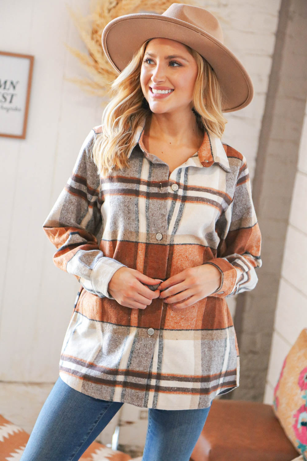 Rust Plaid Flannel Button Down Shirt Jacket