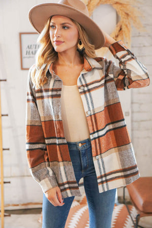 Rust Plaid Flannel Button Down Shirt Jacket