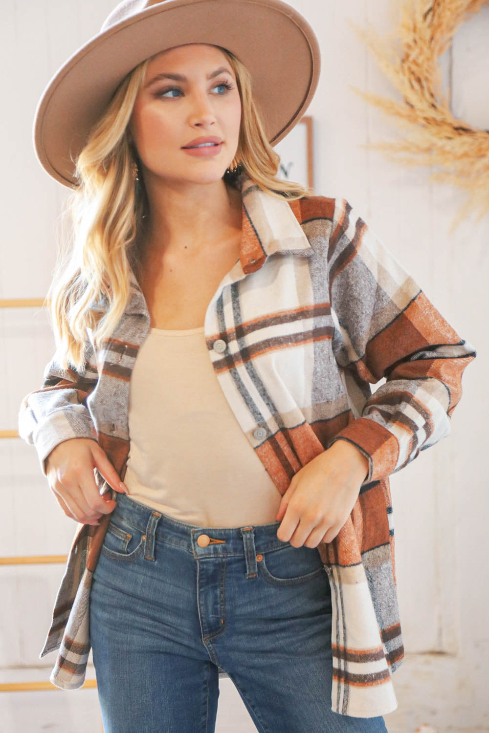 Rust Plaid Flannel Button Down Shirt Jacket