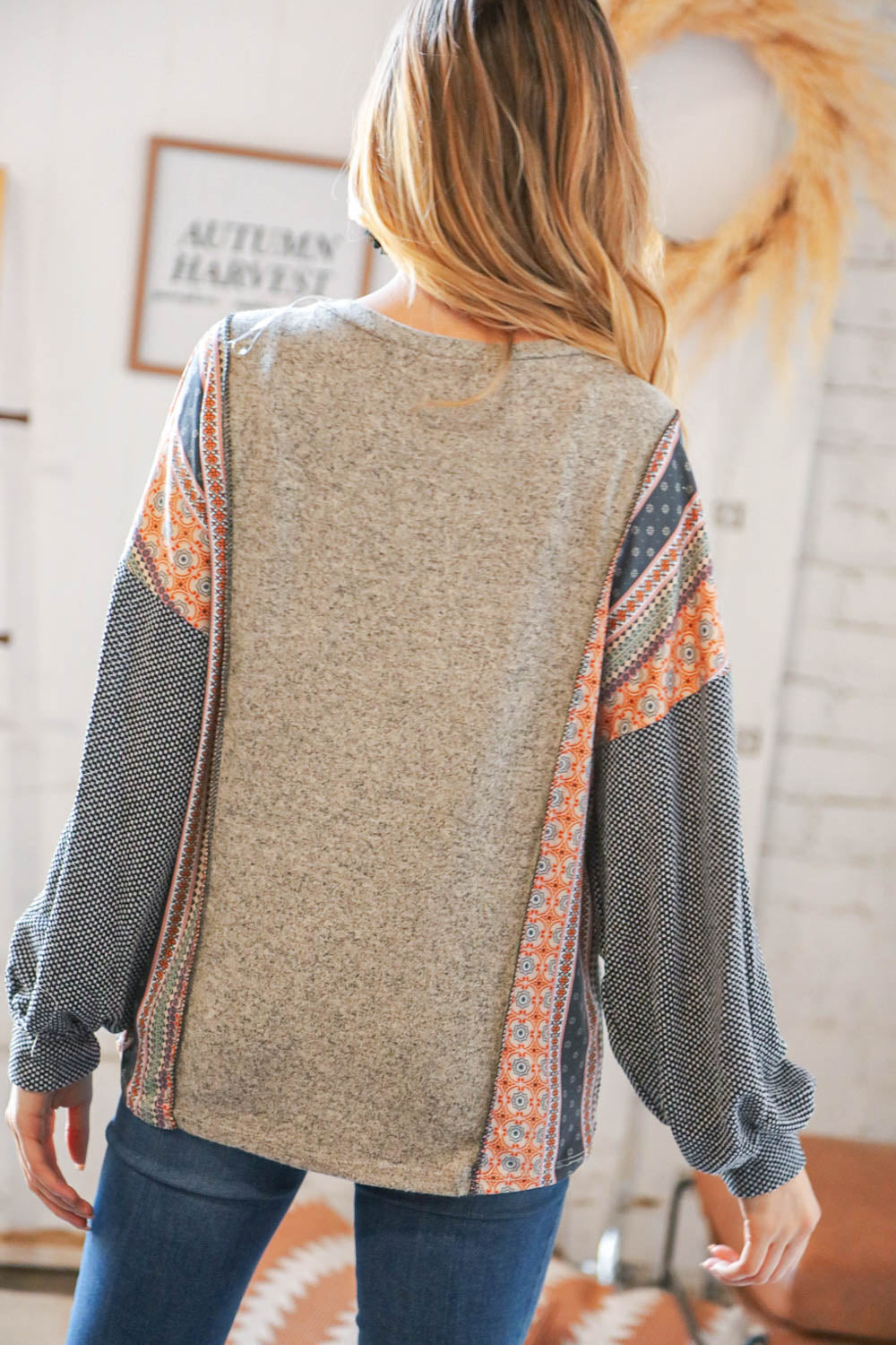 Two Tone Hacci Boho Outseam Jacquard Pullover