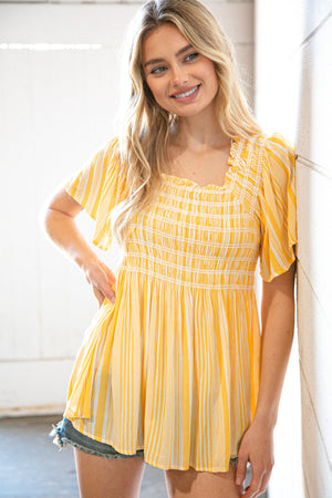 Sunflower Striped Tassel Back Tie Smocked Blouse