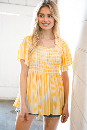 Sunflower Striped Tassel Back Tie Smocked Blouse