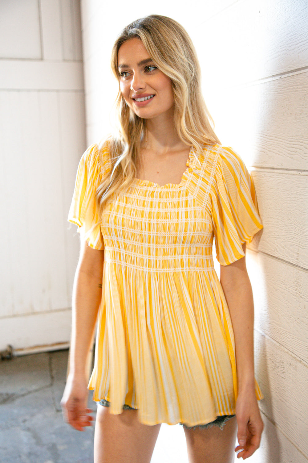 Sunflower Striped Tassel Back Tie Smocked Blouse