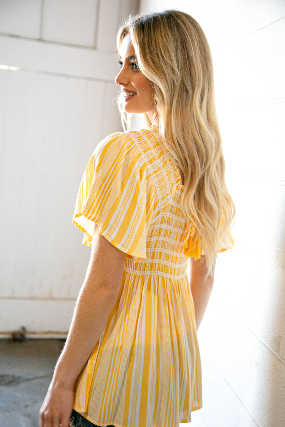 Sunflower Striped Tassel Back Tie Smocked Blouse