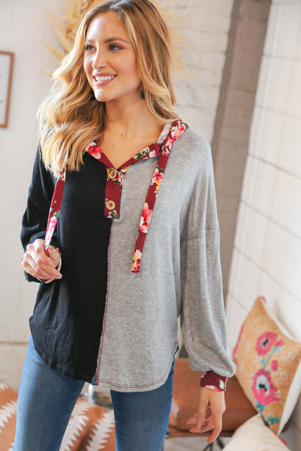 Black & Grey Floral Print Placard Button Down Hoodie