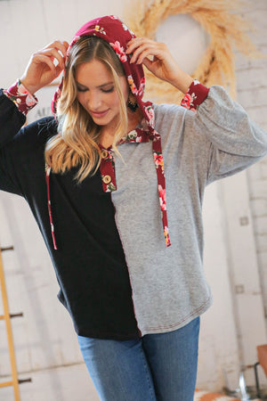 Black & Grey Floral Print Placard Button Down Hoodie