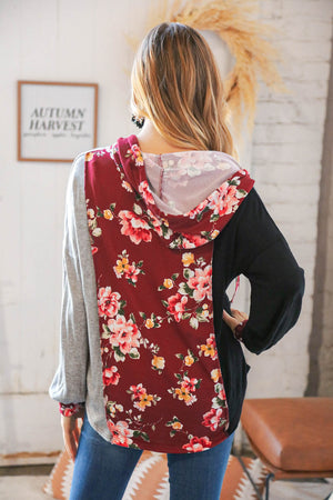 Black & Grey Floral Print Placard Button Down Hoodie