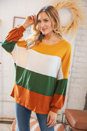 Mustard & Green Color Block Hacci Knit Top