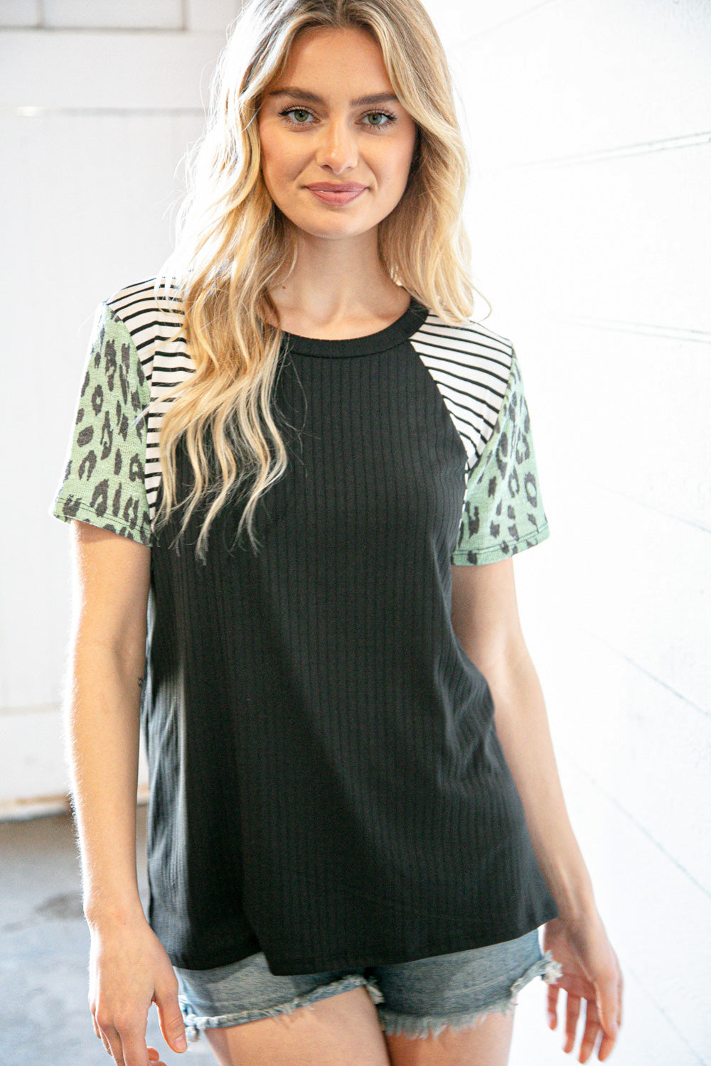 Mint & Black Stripe Leopard Print Rib Short Sleeve Top