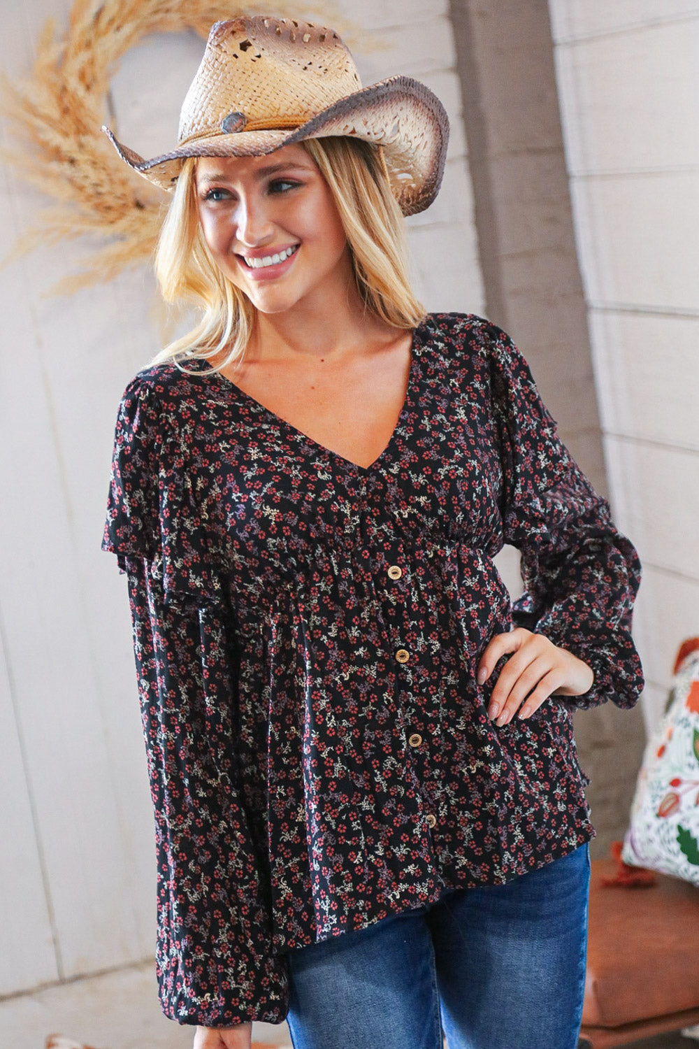 Black Boho Ethnic Floral Ruffle Baby Doll Peplum Blouse