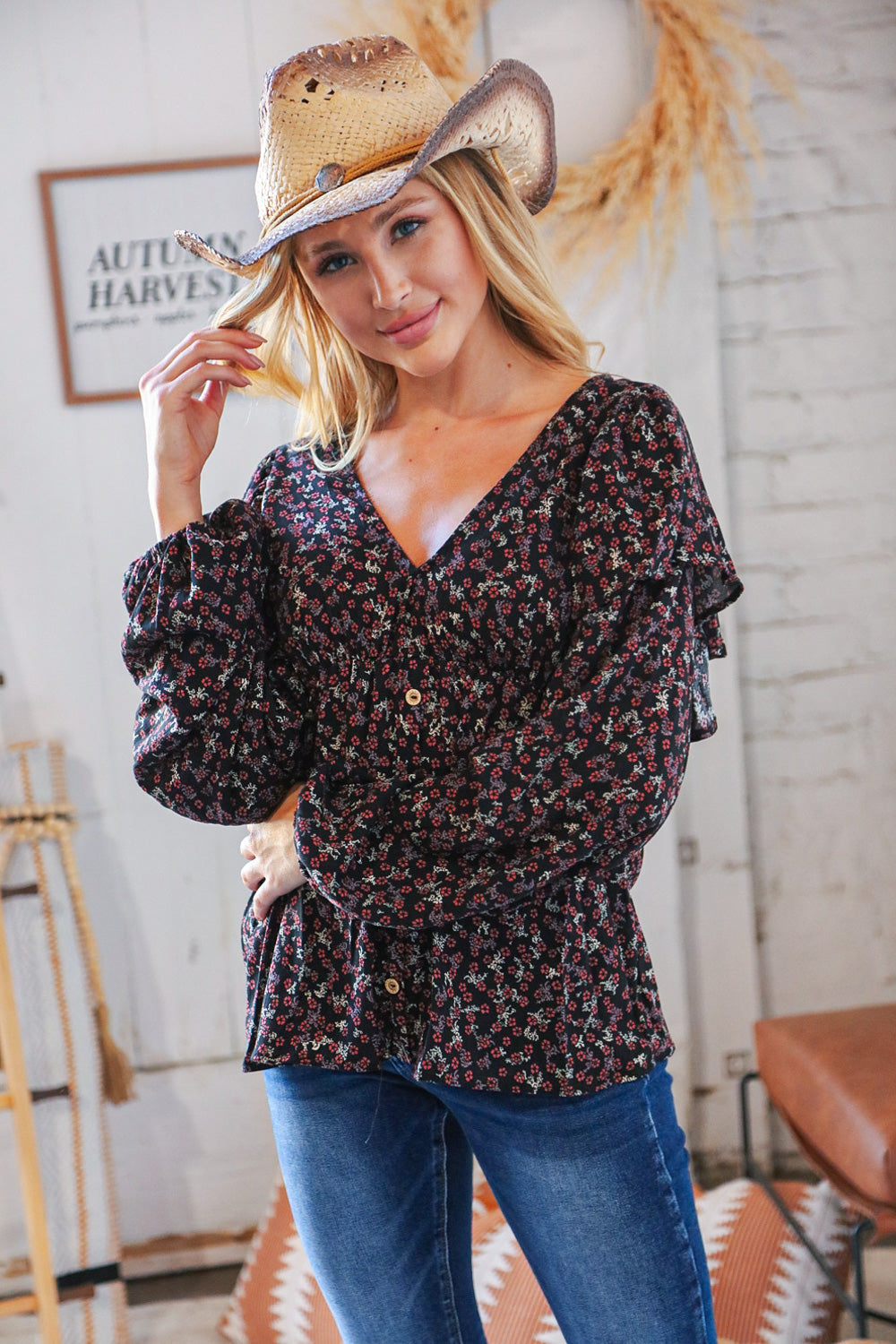 Black Boho Ethnic Floral Ruffle Baby Doll Peplum Blouse