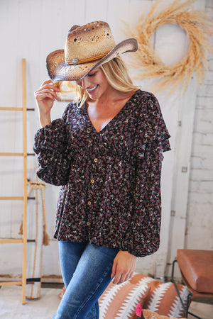 Black Boho Ethnic Floral Ruffle Baby Doll Peplum Blouse