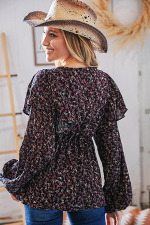 Black Boho Ethnic Floral Ruffle Baby Doll Peplum Blouse