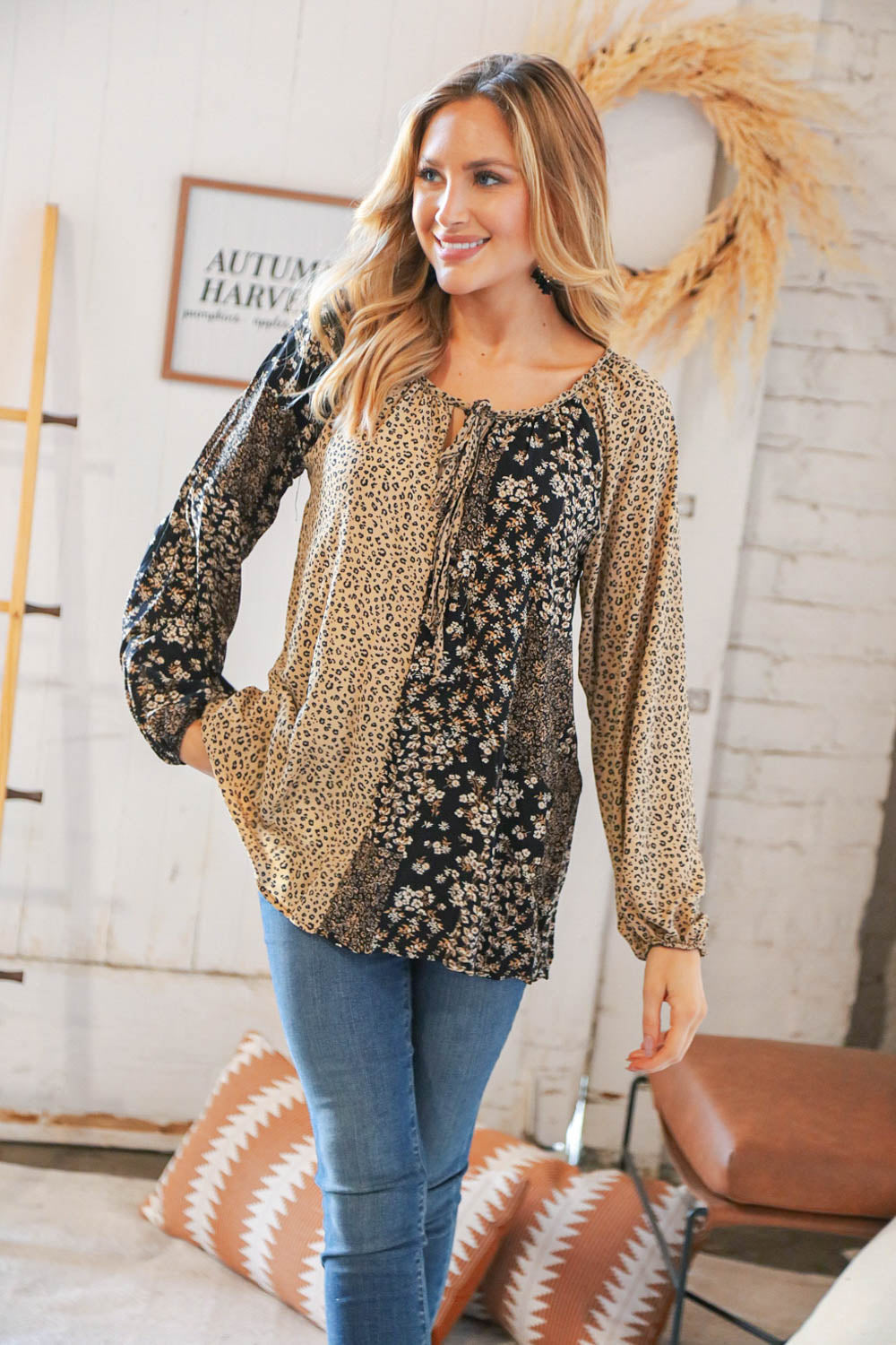 Black & Taupe Animal Print Ditzy Floral Color Block Keyhole Top