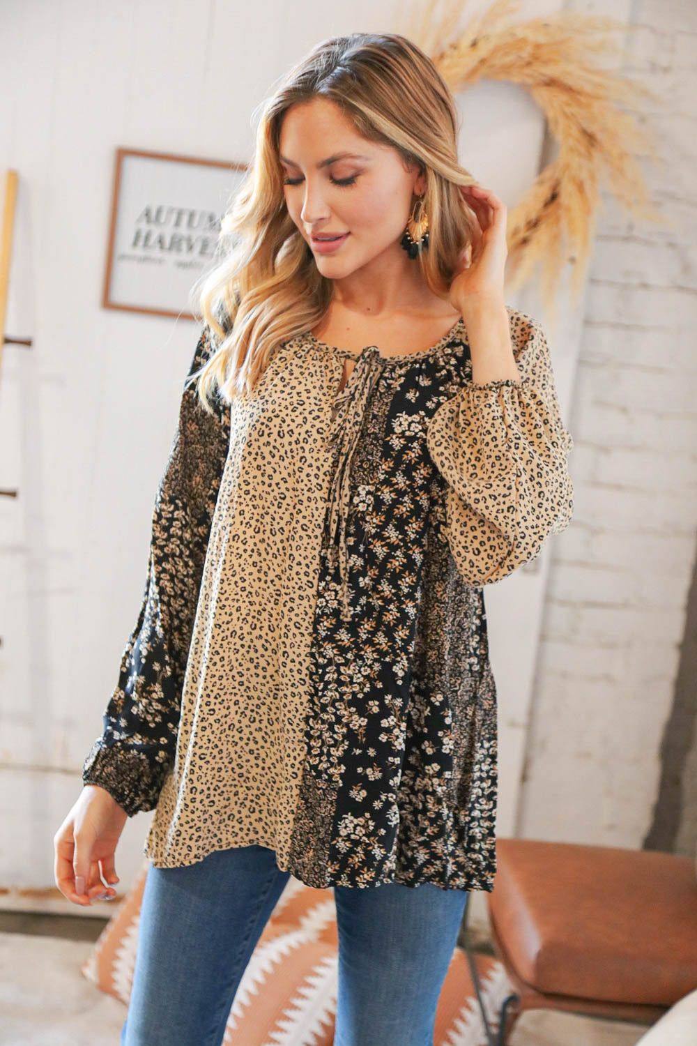 Black & Taupe Animal Print Ditzy Floral Color Block Keyhole Top