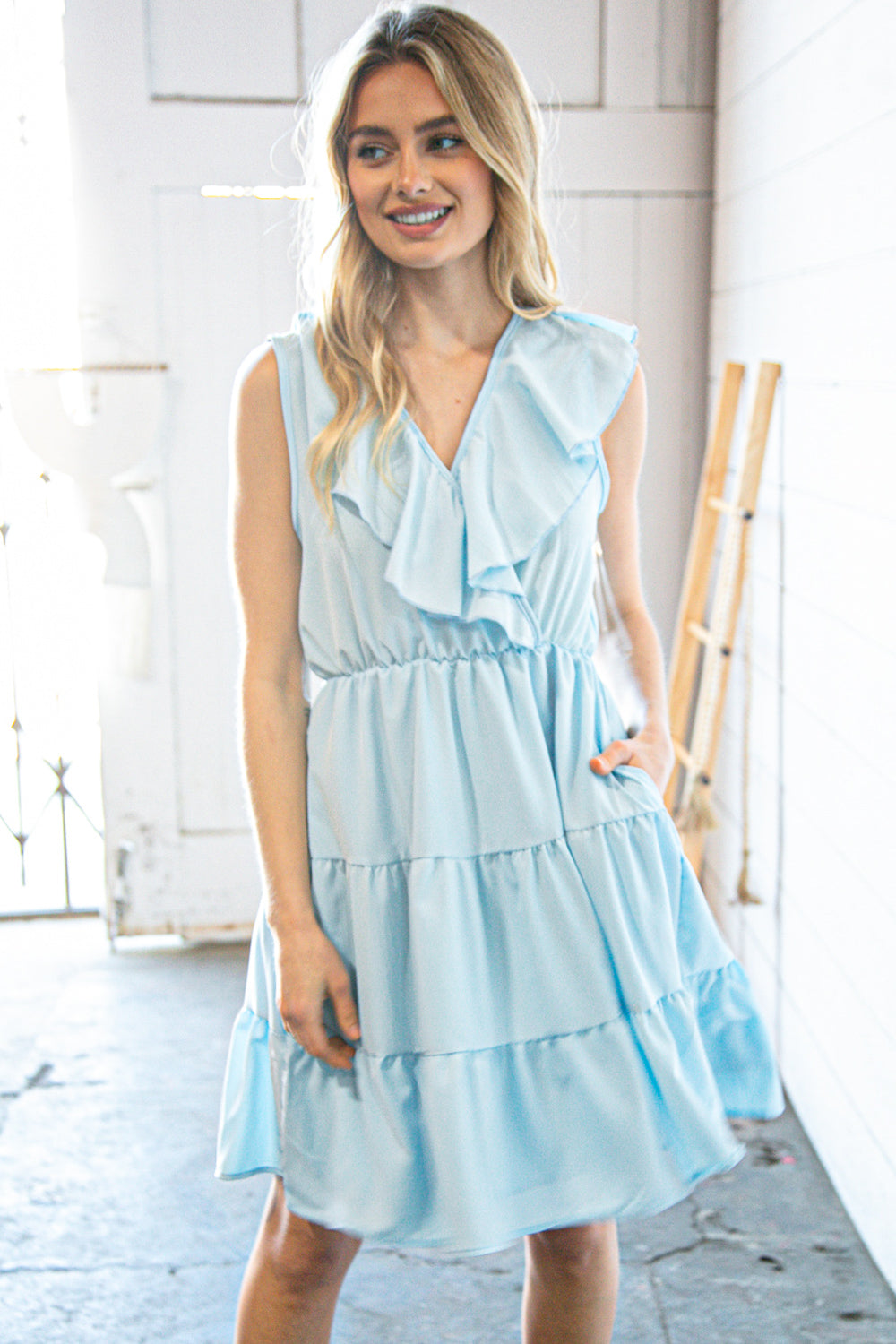 Blue Surplice Tiered Sleeveless Back Bow Woven Dress