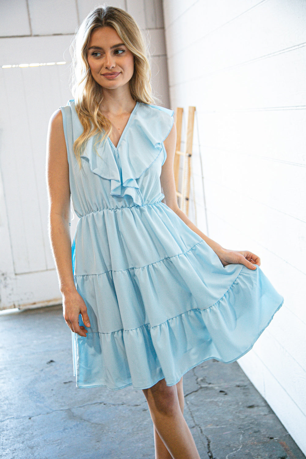 Blue Surplice Tiered Sleeveless Back Bow Woven Dress