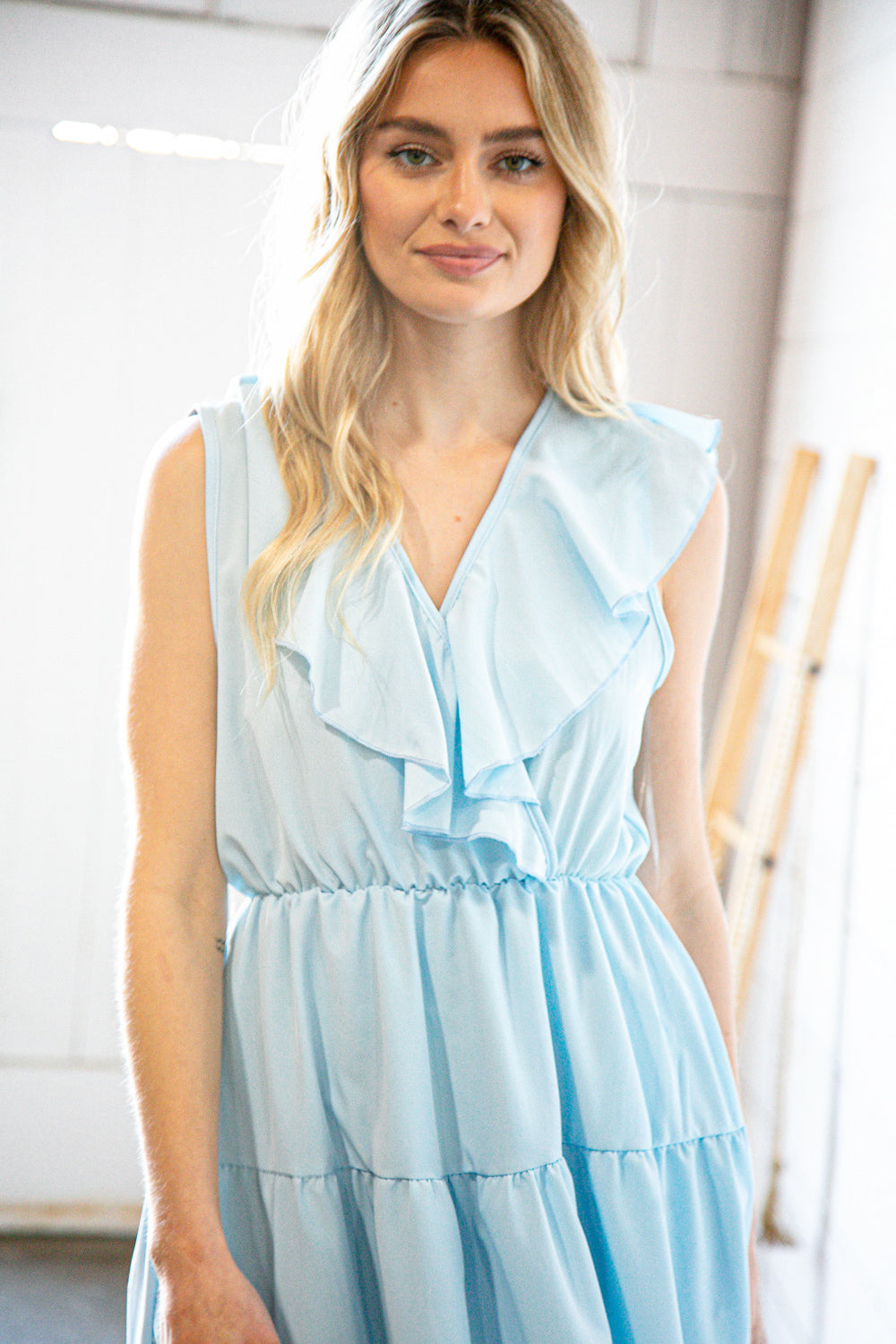 Blue Surplice Tiered Sleeveless Back Bow Woven Dress