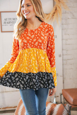 Sunflower Ditzy Floral Rib Color Block Babydoll Top