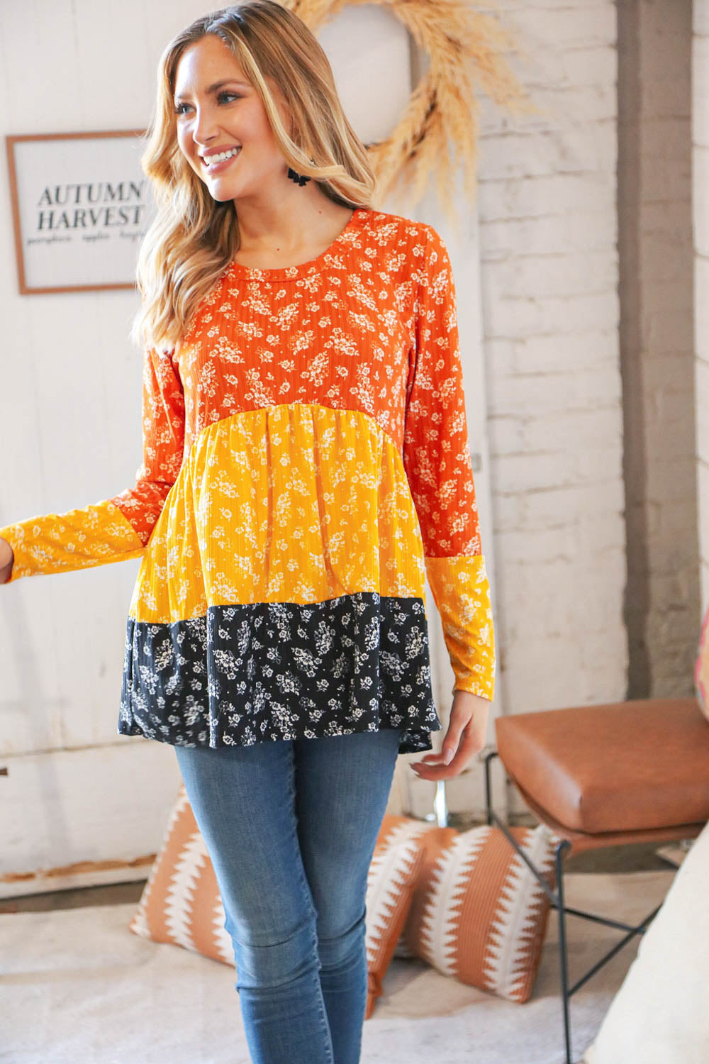 Sunflower Ditzy Floral Rib Color Block Babydoll Top