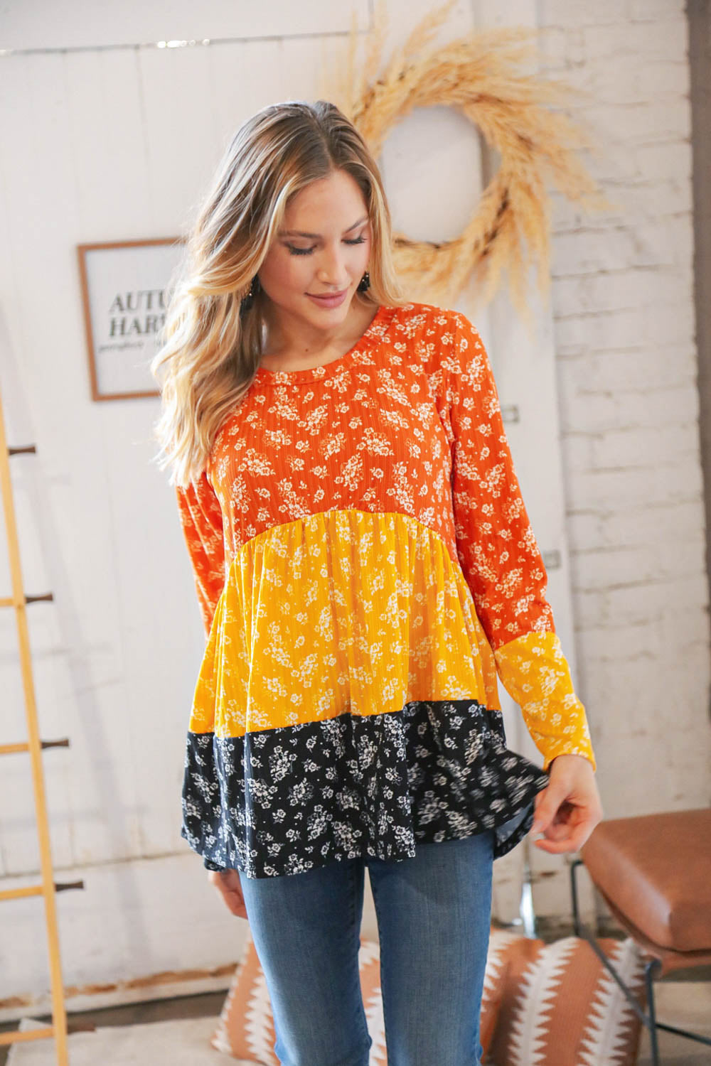 Sunflower Ditzy Floral Rib Color Block Babydoll Top