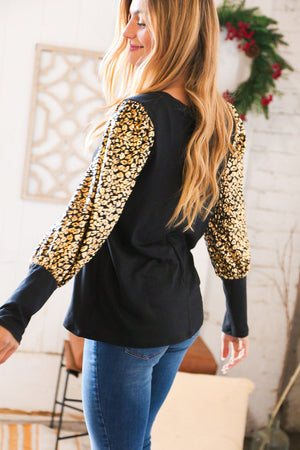 Holiday Leopard Foil Hacci Bubble Sleeve Top