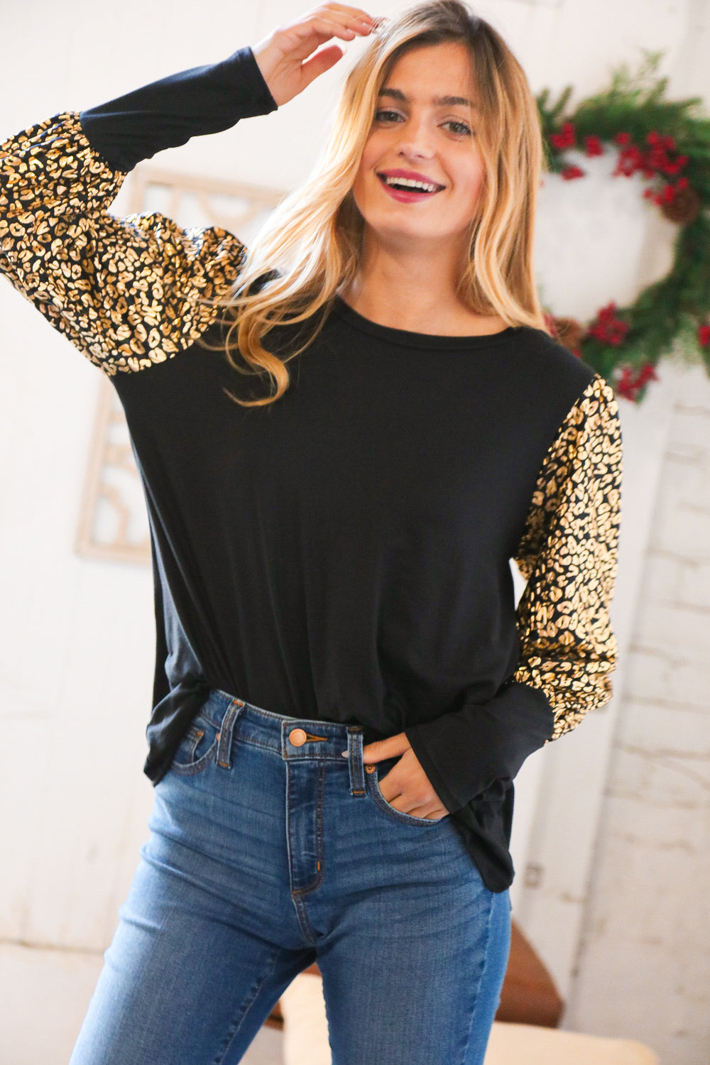 Holiday Leopard Foil Hacci Bubble Sleeve Top