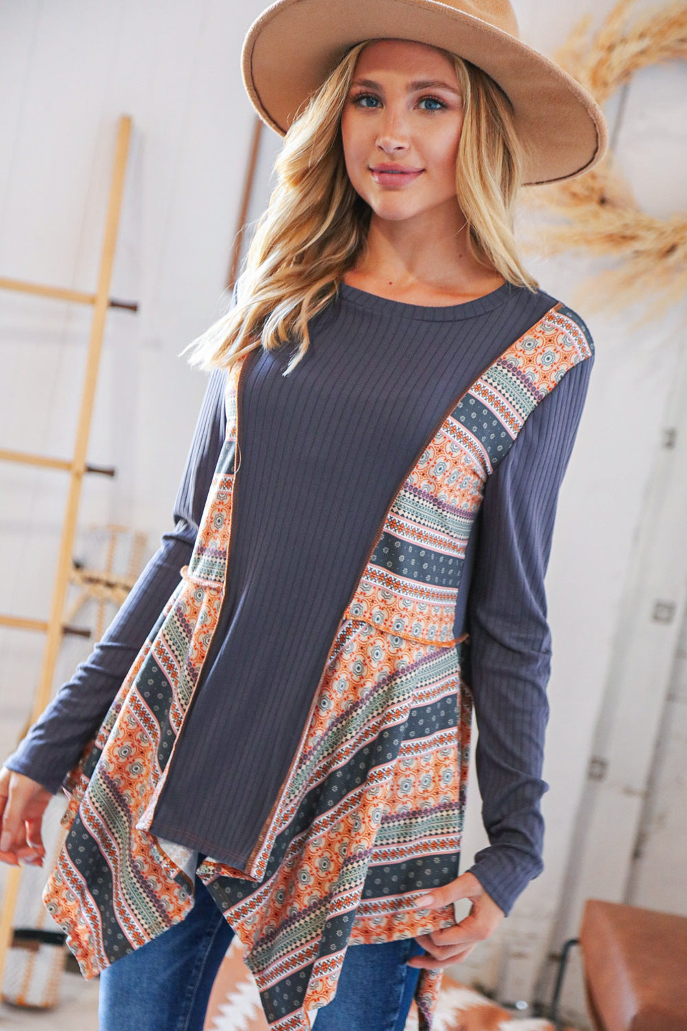 Grey Rib Ethnic Print Outseam Shark Bite Hem Top