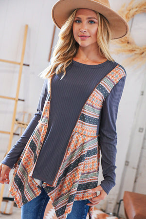 Grey Rib Ethnic Print Outseam Shark Bite Hem Top