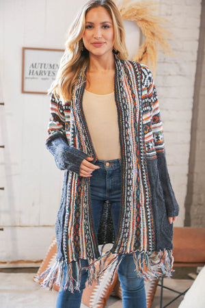 Charcoal Ethnic Fringe Tassel Open Midi Cardigan