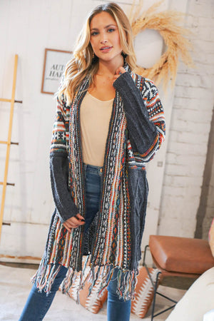 Charcoal Ethnic Fringe Tassel Open Midi Cardigan