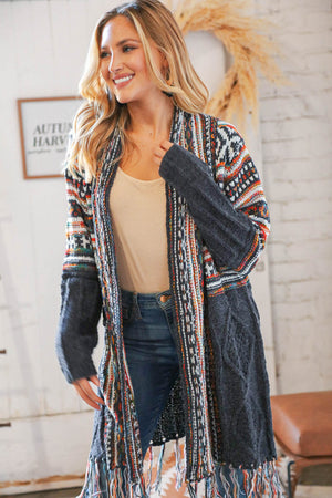 Charcoal Ethnic Fringe Tassel Open Midi Cardigan