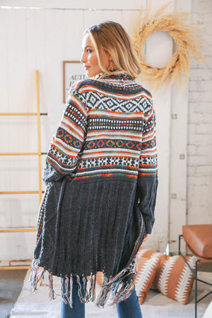 Charcoal Ethnic Fringe Tassel Open Midi Cardigan