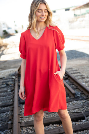 Red Crepe V Neck Capped Short Sleeve Pocketed Dress