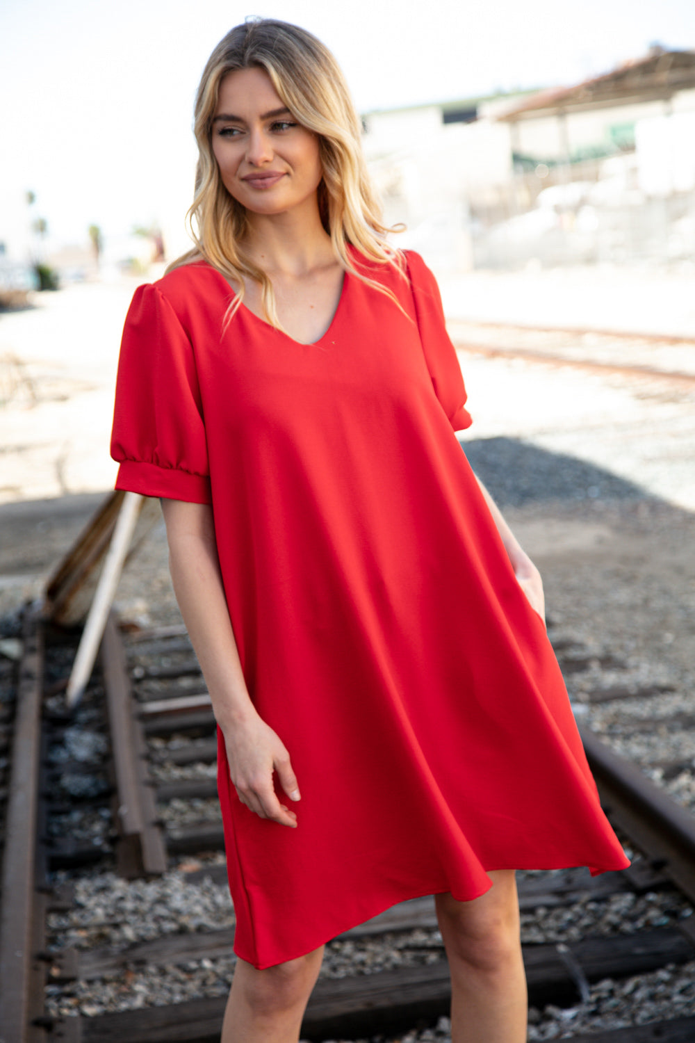 Red Crepe V Neck Capped Short Sleeve Pocketed Dress