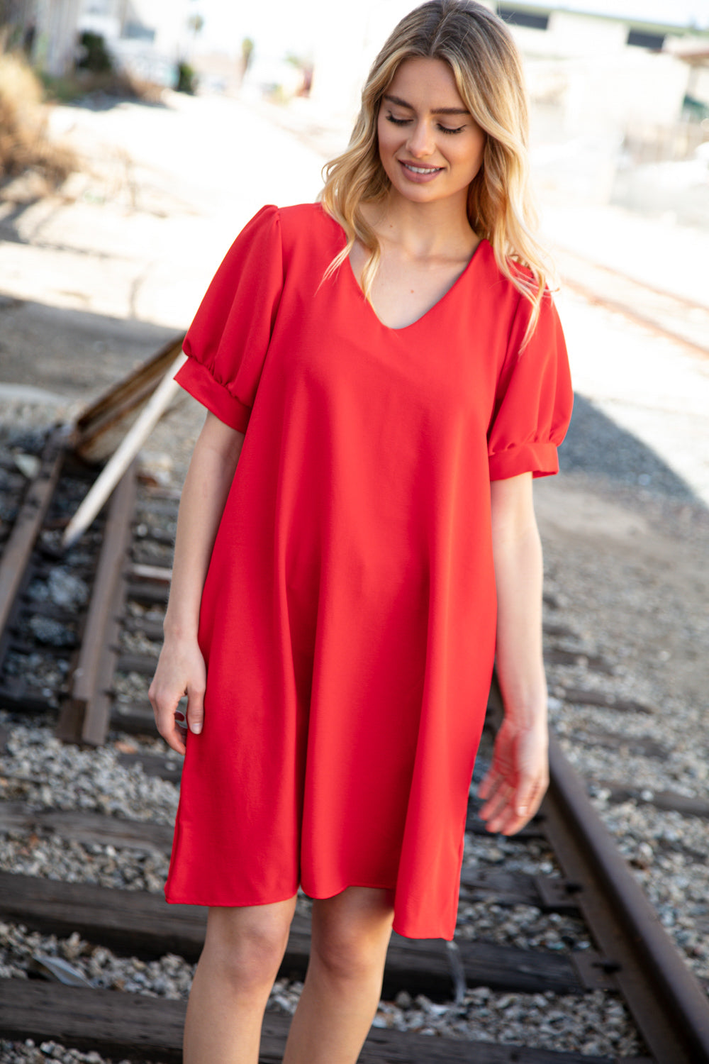 Red Crepe V Neck Capped Short Sleeve Pocketed Dress